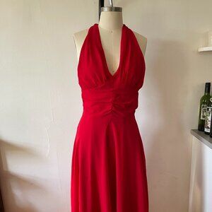 Vintage Red Halter Midi Dress with Bow Tie Back